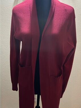 Women's Open-Front Wine Ribbed Cardigan with Pockets